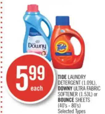 Shoppers Drug Mart Tide laundry detergent (1.09l), downy ultra fabric softener (1.53l) or bounce sheets (40's - 80's) offer