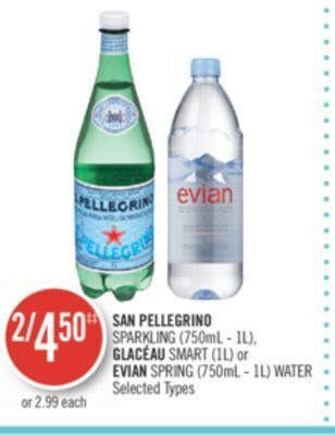 Shoppers Drug Mart San pellegrino sparkling (750ml - 1l), glacéau smart (1l) or evian spring (750ml - 1l) water offer