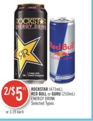 Shoppers Drug Mart Rockstar (473ml), red bull or guru (250ml) energy drink offer
