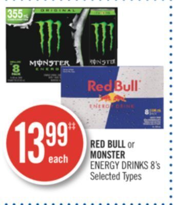 Shoppers Drug Mart Red bull or monster energy drinks 8's offer