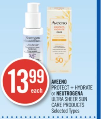 Shoppers Drug Mart Aveeno protect + hydrate or neutrogena ultra sheer sun care products offer