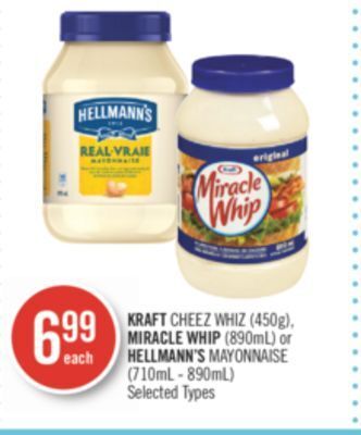 Shoppers Drug Mart Kraft cheez whiz (450g), miracle whip (890ml) or hellmann's mayonnaise (710ml - 890ml) offer