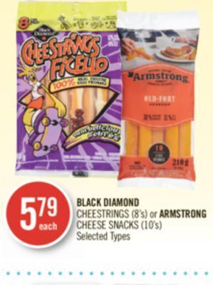 Shoppers Drug Mart Black diamond cheestrings (8's) or armstrong cheese snacks (10's) offer