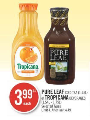 Shoppers Drug Mart Pure leaf iced tea (1.75l) or tropicana beverages (1.54l - 1.75l) offer