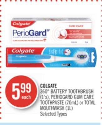 Shoppers Drug Mart Colgate 360° battery toothbrush (1's), periogard gum care toothpaste (70ml) or total mouthwash (1l) offer