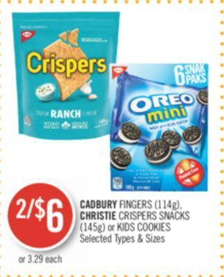 Shoppers Drug Mart Cadbury fingers (114g), christie crispers snacks (145g) or kids cookies offer