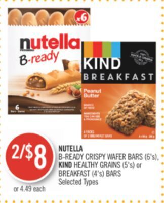 Shoppers Drug Mart Nutella b-ready crispy wafer bars (6's), kind healthy grains (5's) or breakfast (4's) bars offer