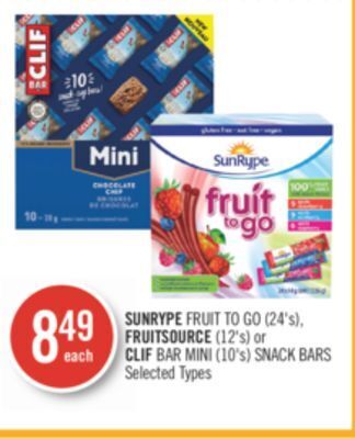 Shoppers Drug Mart Sunrype fruit to go (24's), fruitsource (12's) or clif bar mini (10's) snack bars offer