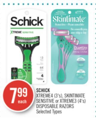 Shoppers Drug Mart Schick xtreme4 (3's), skintimate sensitive or xtreme3 (4's) disposable razors offer