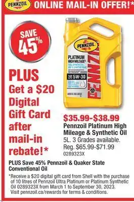 PartSource Pennzoil platinum high mileage & synthetic oil offer