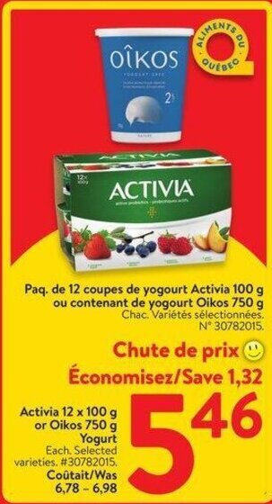 Walmart Activia 12 x 100 g or Oikos 750 g Yogurt offer