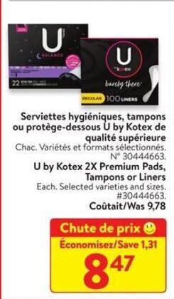 Walmart U by Kotex 2X Premium Pads, Tampons or Liners offer