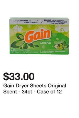 Dollarama Gain dryer sheets original scent - 34ct - case of 12 offer