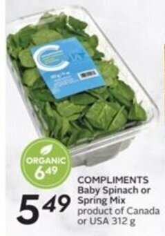 Sobeys COMPLIMENTS Baby Spinach or Spring Mix offer