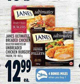 Metro JANES ULTIMATES BREADED CHICKEN OR UNBREADED CHICKEN BURGERS offer