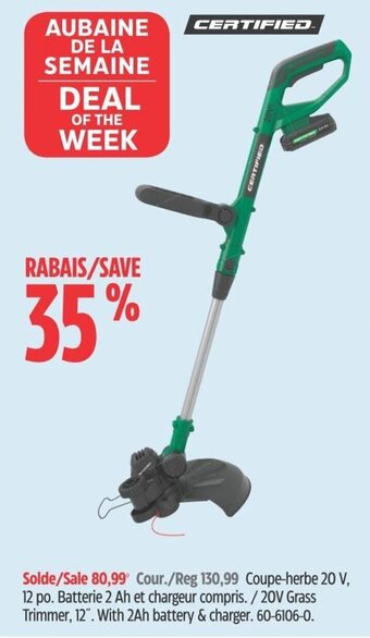 Canadian Tire 20V Grass Trimmer, 12". With 2Ah battery & charger. offer
