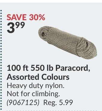 Princess Auto 100 ft550 lb paracord, assorted colours offer