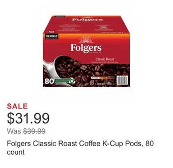 Costco Folgers classic roast coffee k-cup pods, 80 count offer