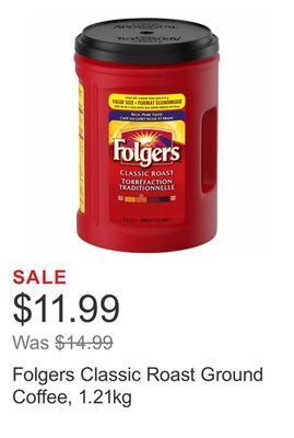 Costco Folgers classic roast ground coffee, 1.21kg offer