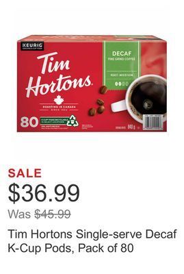 Costco Tim hortons single-serve decaf k-cup pods, pack of 80 offer