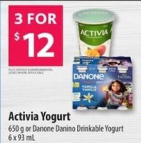 Co-op Activia Yogurt 650 g or Danone Danino Drinkable Yogurt 6 x 93 mL offer