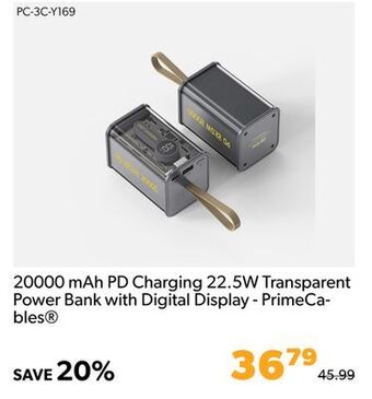 Shopper+ 20000 mah pd charging 22.5w transparent power bank with digital display - primecables offer