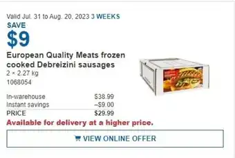 Costco European Quality Meats frozen cooked Debreizini sausages 2 × 2.27 kg offer