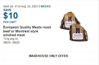 Costco European Quality Meats roast beef or Montreal style smoked meat offer