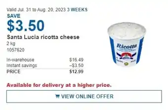 Costco Santa Lucia ricotta cheese 2 kg offer