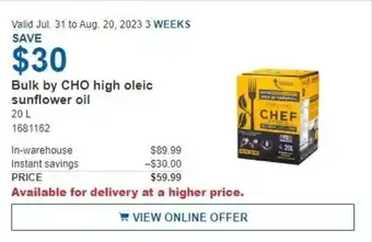 Costco Bulk by CHO high oleic sunflower oil 20 L offer