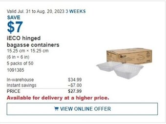 Costco ¡ECO hinged bagasse containers offer