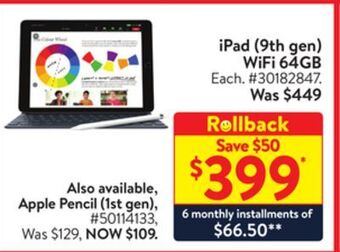 Walmart Ipad (9th gen) wifi 64gb offer