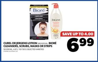 Real Canadian Superstore Curel or jergens lotion, 380/620 ml, bioré cleansers, scrubs, masks or strips, 50-200 ml, 4-8's, 110/130 g offer