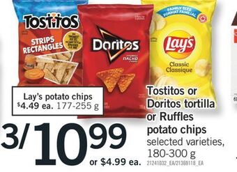 Fortinos Tostitos or doritos tortilla or ruffles potato chips, 180-300 g offer