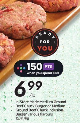 Sobeys In store made medium ground beef chuck burger or medium ground beef chuck inclusion burger offer