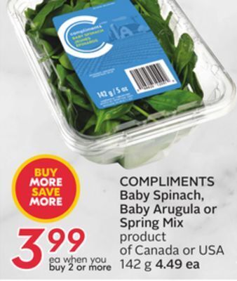 Sobeys Baby spinach, baby arugula or spring mix offer