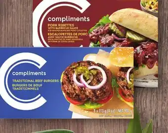 Foodland Compliments traditional beef burgers, pork ribettes or smoked sausage 770-907 g offer