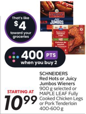 Sobeys Red hots or juicy jumbos wieners offer