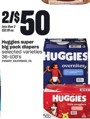 Loblaws Huggies super big pack diapers, 36-108's offer
