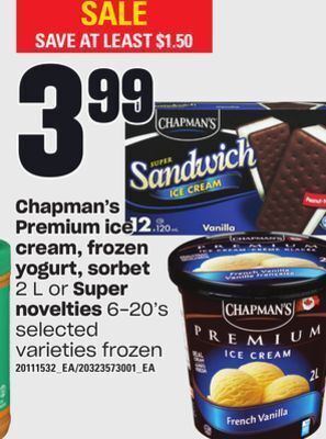 Loblaws Chapman's premium ice cream, frozen yogurt, sorbet, 2 l or super novelties, 6-20's offer
