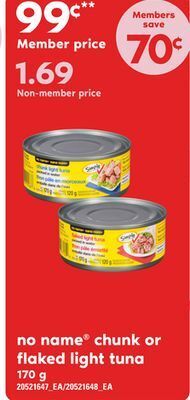 Loblaws No name® chunk or flaked light tuna, 170 g offer