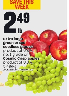 Independent Grocer Extra large green or red seedless grapes or cosmic crisp apples offer