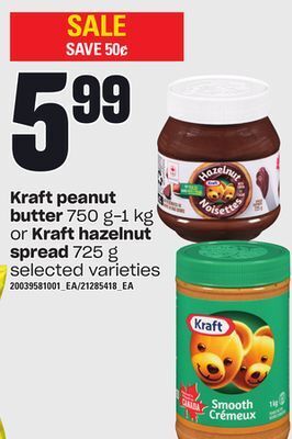 Independent Grocer Kraft peanut butter, 750 g-1 kg or kraft hazelnut spread, 725 g offer