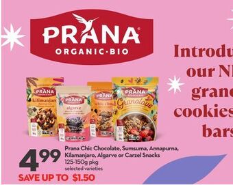 Longo's Prana chic chocolate, sumsuma, annapurna, kilamanjaro, algarve or carzel snacks offer