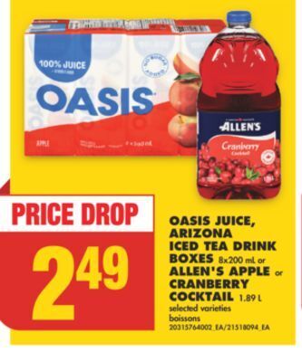 No Frills Oasis juice, arizona iced tea drink boxes, 8x200 ml or allen's apple or cranberry cocktail, 1.89 l offer