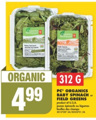 No Frills Pc® organics baby spinach or field greens, 312 g offer