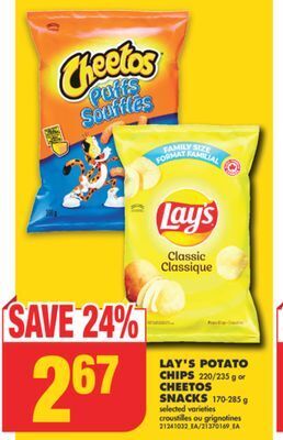 No Frills Lay's potato chips, 220/235 g or cheetos snacks, 170-285 g offer