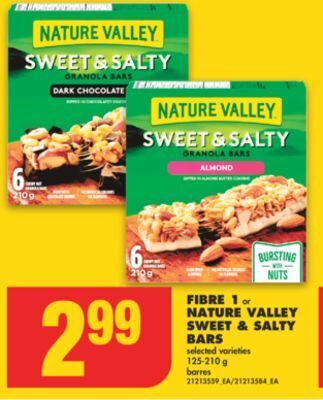 No Frills Fibre 1 or nature valley sweet & salty bars, 125-210 g offer