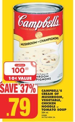 No Frills Campbell's cream of mushroom, vegetable, chicken noodle or tomato soup, 284 ml offer