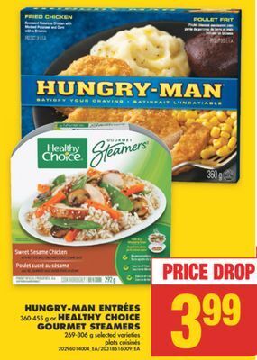 No Frills Hungry-man entrées, 360-455 g or healthy choice gourmet steamers, 269-306 g offer